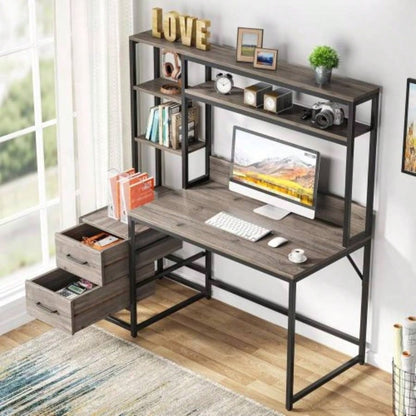 55 Inches Computer Desk with Hutch, 2 Drawers Open Shelves - Modern Home Office Desk with Storage, Writing Gaming Workstation Study, Bedroom or Small Spaces