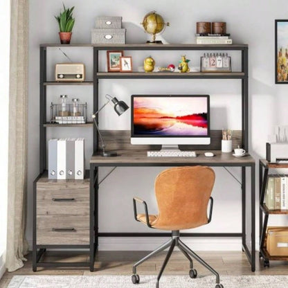 55 Inches Computer Desk with Hutch, 2 Drawers Open Shelves - Modern Home Office Desk with Storage, Writing Gaming Workstation Study, Bedroom or Small Spaces
