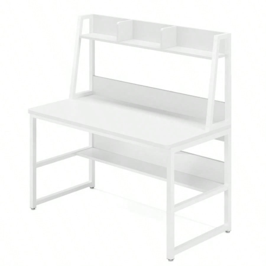 47 Computer Desk with Hutch and Bookshelf, Compact Home Office Desk Small Spaces, Writing Study Table with Storage, Modern Workstation Laptop 2 Monitors, White
