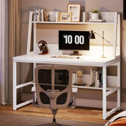 47 Computer Desk with Hutch and Bookshelf, Compact Home Office Desk Small Spaces, Writing Study Table with Storage, Modern Workstation Laptop 2 Monitors, White