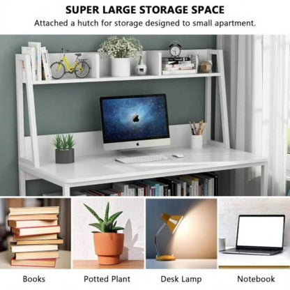 47 Computer Desk with Hutch and Bookshelf, Compact Home Office Desk Small Spaces, Writing Study Table with Storage, Modern Workstation Laptop 2 Monitors, White