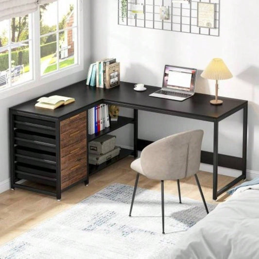 59 Inches L - Shaped Computer Desk with Drawers and Storage Shelves, Reversible Corner Office Desk Workstation, Home Office Study Writing Table with File Cabinets, Black Industrial Design