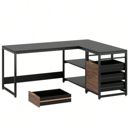 59 Inches L - Shaped Computer Desk with Drawers and Storage Shelves, Reversible Corner Office Desk Workstation, Home Office Study Writing Table with File Cabinets, Black Industrial Design