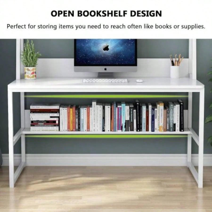 47 Computer Desk with Hutch and Bookshelf, Compact Home Office Desk Small Spaces, Writing Study Table with Storage, Modern Workstation Laptop 2 Monitors, White