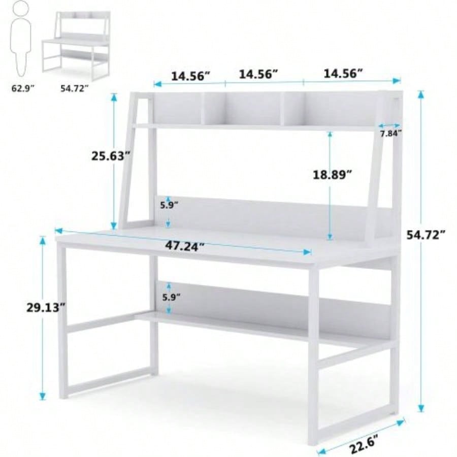 47 Computer Desk with Hutch and Bookshelf, Compact Home Office Desk Small Spaces, Writing Study Table with Storage, Modern Workstation Laptop 2 Monitors, White