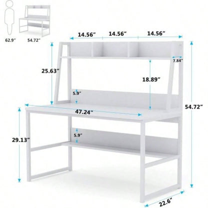 47 Computer Desk with Hutch and Bookshelf, Compact Home Office Desk Small Spaces, Writing Study Table with Storage, Modern Workstation Laptop 2 Monitors, White