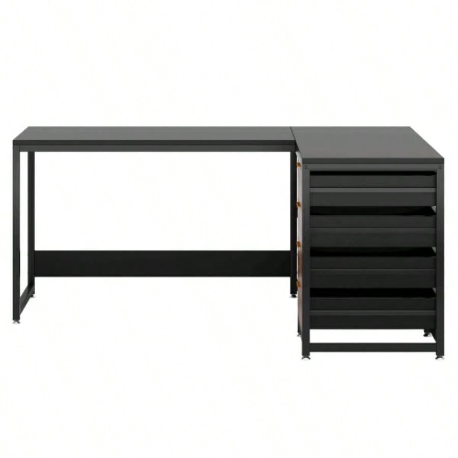 59 Inches L - Shaped Computer Desk with Drawers and Storage Shelves, Reversible Corner Office Desk Workstation, Home Office Study Writing Table with File Cabinets, Black Industrial Design