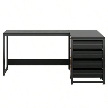 59 Inches L - Shaped Computer Desk with Drawers and Storage Shelves, Reversible Corner Office Desk Workstation, Home Office Study Writing Table with File Cabinets, Black Industrial Design