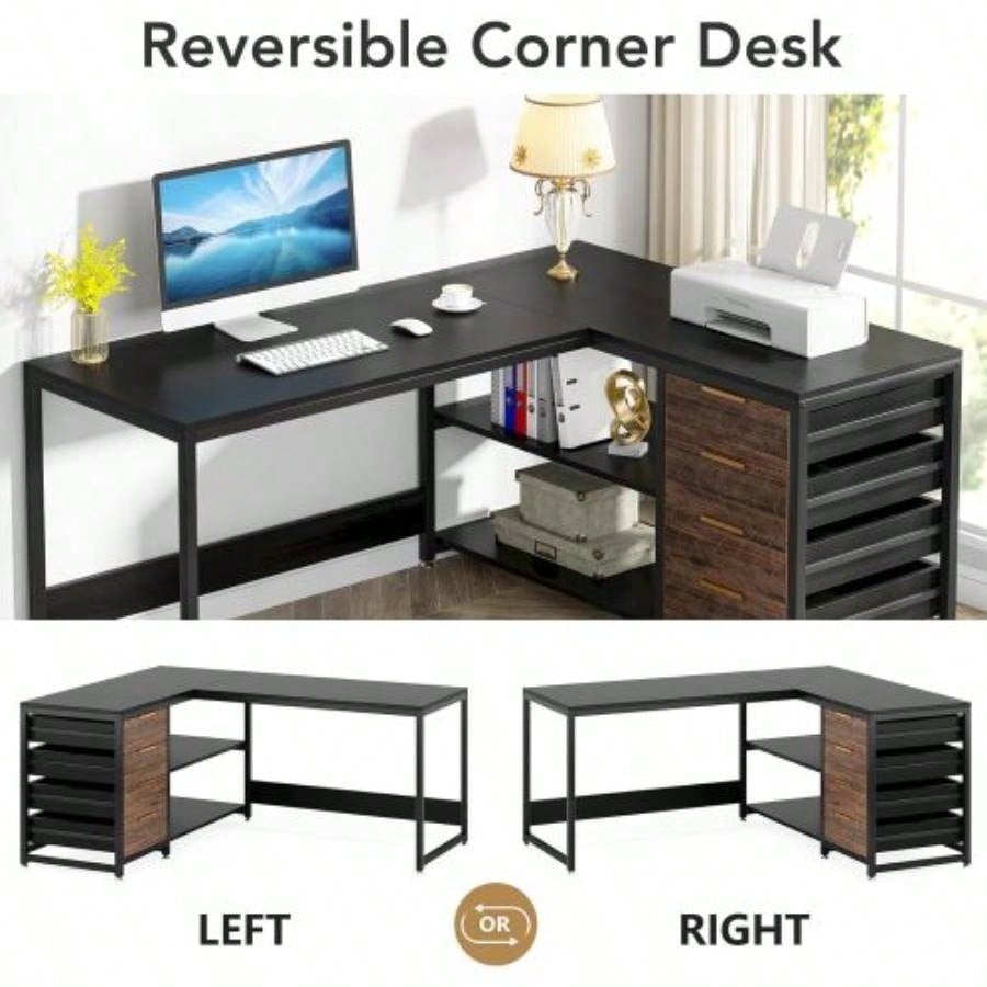 59 Inches L - Shaped Computer Desk with Drawers and Storage Shelves, Reversible Corner Office Desk Workstation, Home Office Study Writing Table with File Cabinets, Black Industrial Design