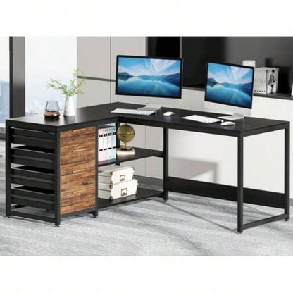 59 Inches L - Shaped Computer Desk with Drawers and Storage Shelves, Reversible Corner Office Desk Workstation, Home Office Study Writing Table with File Cabinets, Black Industrial Design