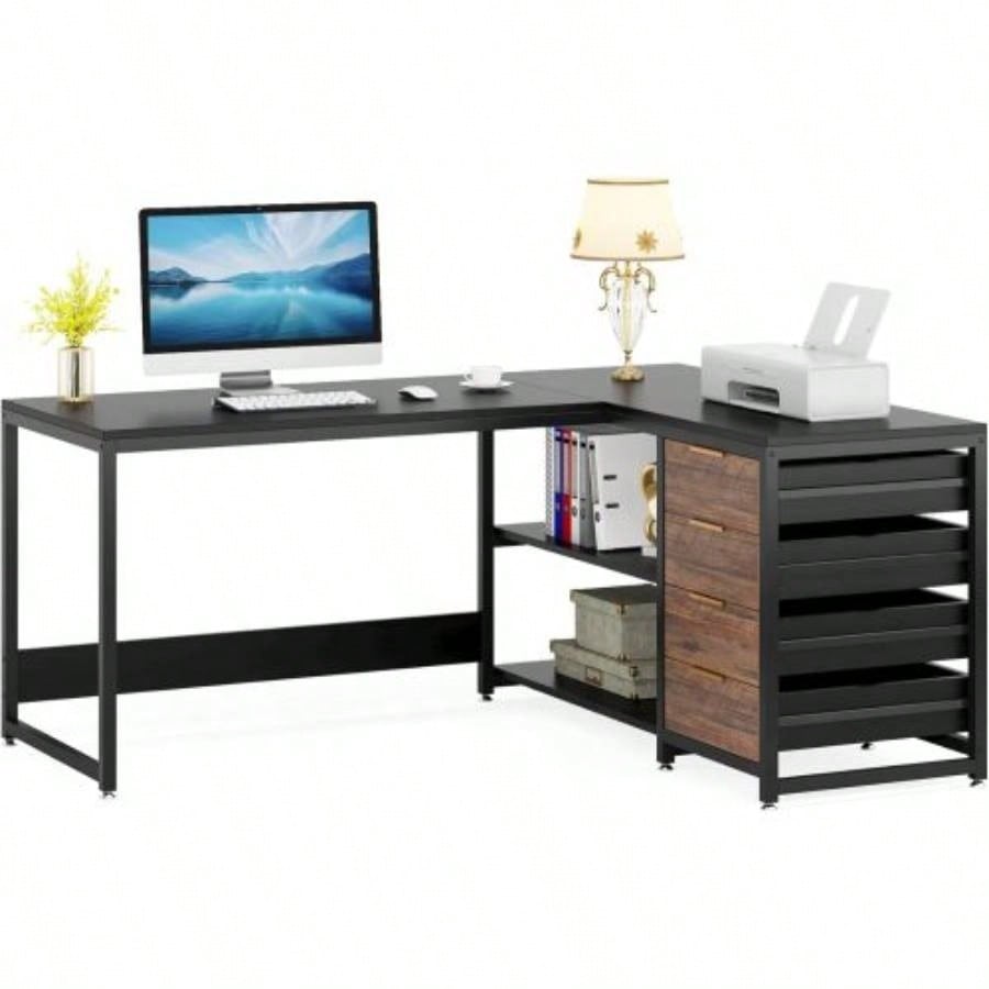 59 Inches L - Shaped Computer Desk with Drawers and Storage Shelves, Reversible Corner Office Desk Workstation, Home Office Study Writing Table with File Cabinets, Black Industrial Design