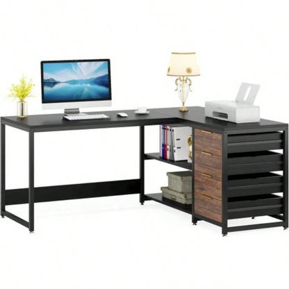 59 Inches L - Shaped Computer Desk with Drawers and Storage Shelves, Reversible Corner Office Desk Workstation, Home Office Study Writing Table with File Cabinets, Black Industrial Design