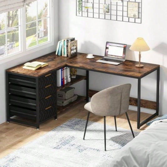 59 L - Shaped Computer Desk with Drawers and Storage Shelves, Reversible Corner Office Desk Workstation, Home Office Study Writing Table with File Cabinets, Rustic Brown Industrial Design