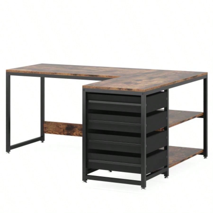 59 L - Shaped Computer Desk with Drawers and Storage Shelves, Reversible Corner Office Desk Workstation, Home Office Study Writing Table with File Cabinets, Rustic Brown Industrial Design