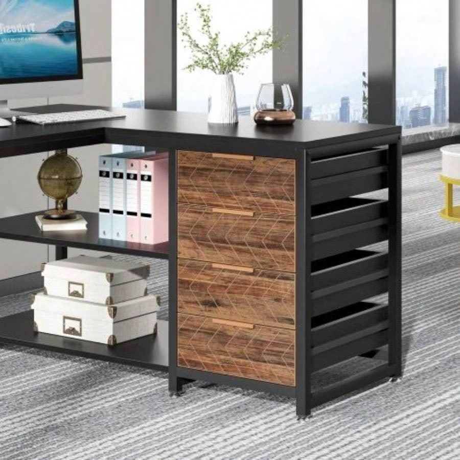 59 Inches L - Shaped Computer Desk with Drawers and Storage Shelves, Reversible Corner Office Desk Workstation, Home Office Study Writing Table with File Cabinets, Black Industrial Design