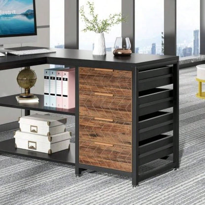 59 Inches L - Shaped Computer Desk with Drawers and Storage Shelves, Reversible Corner Office Desk Workstation, Home Office Study Writing Table with File Cabinets, Black Industrial Design