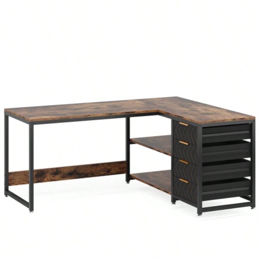59 L - Shaped Computer Desk with Drawers and Storage Shelves, Reversible Corner Office Desk Workstation, Home Office Study Writing Table with File Cabinets, Rustic Brown Industrial Design