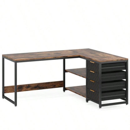 59 L - Shaped Computer Desk with Drawers and Storage Shelves, Reversible Corner Office Desk Workstation, Home Office Study Writing Table with File Cabinets, Rustic Brown Industrial Design