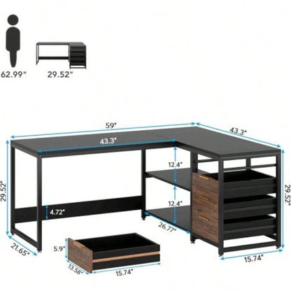 59 Inches L - Shaped Computer Desk with Drawers and Storage Shelves, Reversible Corner Office Desk Workstation, Home Office Study Writing Table with File Cabinets, Black Industrial Design