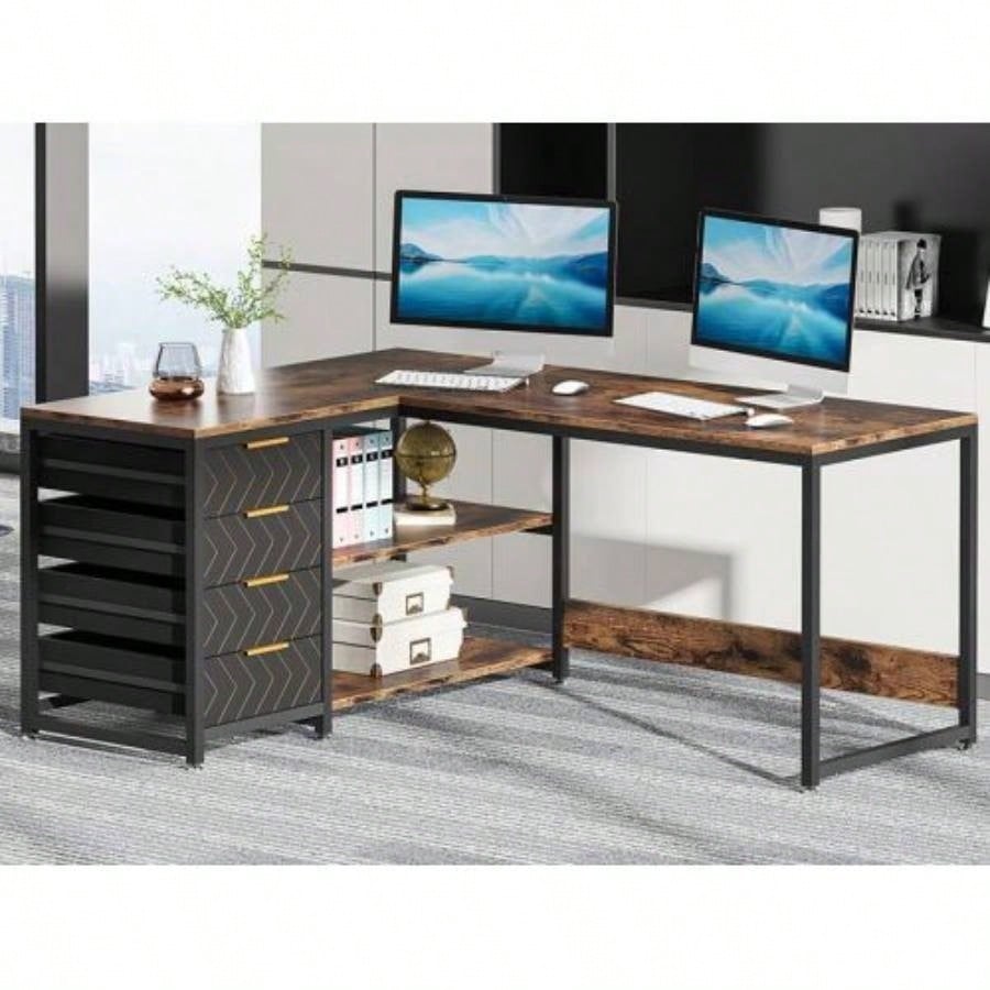 59 L - Shaped Computer Desk with Drawers and Storage Shelves, Reversible Corner Office Desk Workstation, Home Office Study Writing Table with File Cabinets, Rustic Brown Industrial Design
