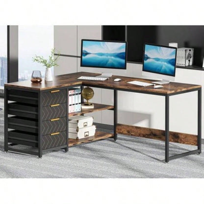 59 L - Shaped Computer Desk with Drawers and Storage Shelves, Reversible Corner Office Desk Workstation, Home Office Study Writing Table with File Cabinets, Rustic Brown Industrial Design