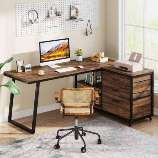 53 Reversible L - Shaped Computer Desk with 3 Drawers and Storage Shelves, Industrial Corner Home Office Desk with File Cabinet, Space - Saving Workstation Small Rooms, Rustic Brown