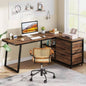 53 Reversible L - Shaped Computer Desk with 3 Drawers and Storage Shelves, Industrial Corner Home Office Desk with File Cabinet, Space - Saving Workstation Small Rooms, Rustic Brown