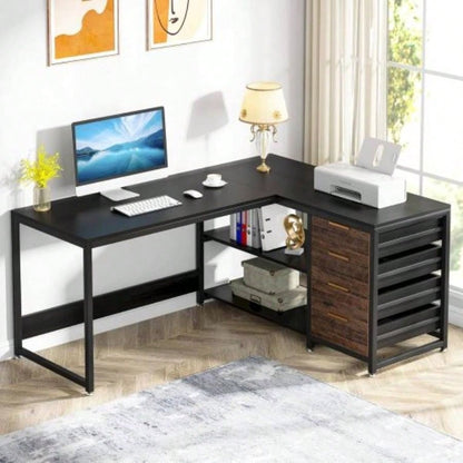 59 Inches L - Shaped Computer Desk with Drawers and Storage Shelves, Reversible Corner Office Desk Workstation, Home Office Study Writing Table with File Cabinets, Black Industrial Design