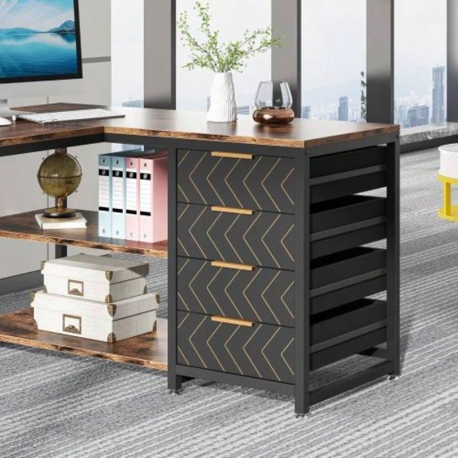 59 L - Shaped Computer Desk with Drawers and Storage Shelves, Reversible Corner Office Desk Workstation, Home Office Study Writing Table with File Cabinets, Rustic Brown Industrial Design