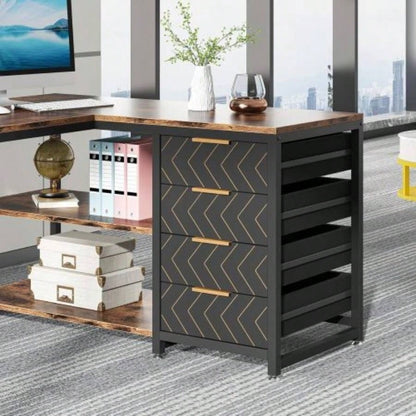 59 L - Shaped Computer Desk with Drawers and Storage Shelves, Reversible Corner Office Desk Workstation, Home Office Study Writing Table with File Cabinets, Rustic Brown Industrial Design
