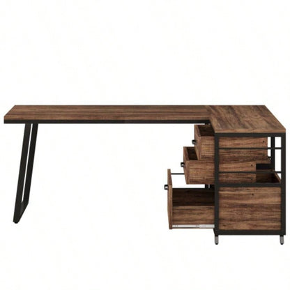 53 Reversible L - Shaped Computer Desk with 3 Drawers and Storage Shelves, Industrial Corner Home Office Desk with File Cabinet, Space - Saving Workstation Small Rooms, Rustic Brown