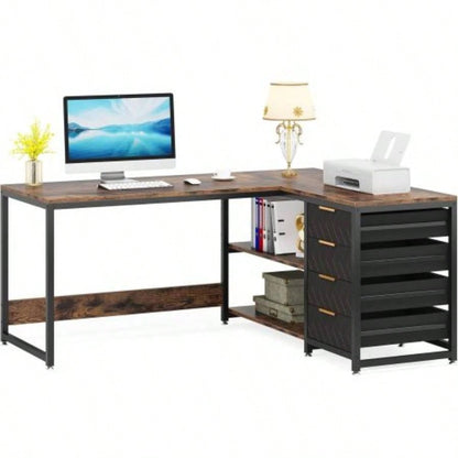 59 L - Shaped Computer Desk with Drawers and Storage Shelves, Reversible Corner Office Desk Workstation, Home Office Study Writing Table with File Cabinets, Rustic Brown Industrial Design