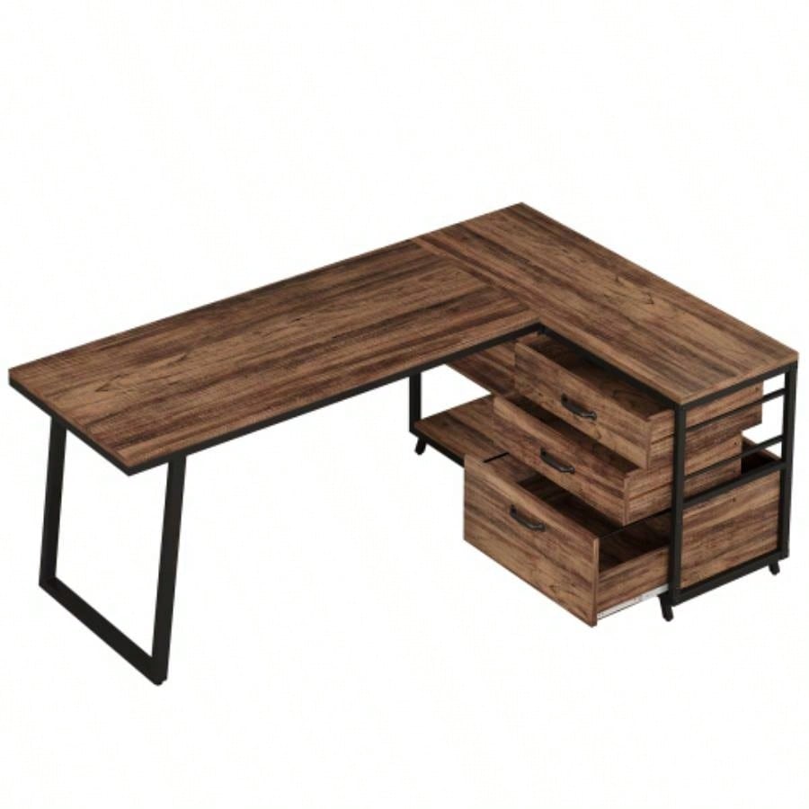 53 Reversible L - Shaped Computer Desk with 3 Drawers and Storage Shelves, Industrial Corner Home Office Desk with File Cabinet, Space - Saving Workstation Small Rooms, Rustic Brown