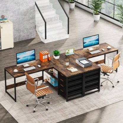 59 L - Shaped Computer Desk with Drawers and Storage Shelves, Reversible Corner Office Desk Workstation, Home Office Study Writing Table with File Cabinets, Rustic Brown Industrial Design