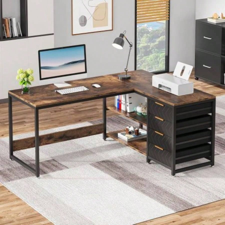 59 L - Shaped Computer Desk with Drawers and Storage Shelves, Reversible Corner Office Desk Workstation, Home Office Study Writing Table with File Cabinets, Rustic Brown Industrial Design