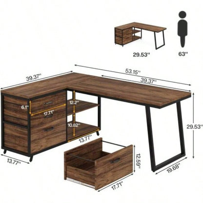 53 Reversible L - Shaped Computer Desk with 3 Drawers and Storage Shelves, Industrial Corner Home Office Desk with File Cabinet, Space - Saving Workstation Small Rooms, Rustic Brown