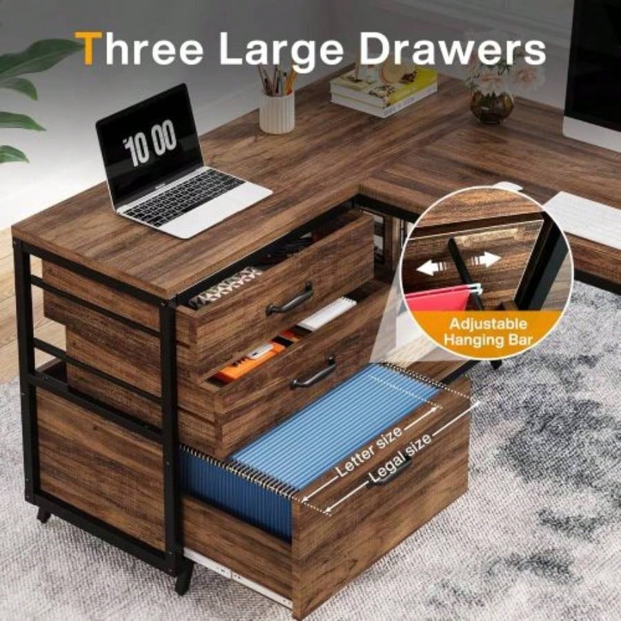53 Reversible L - Shaped Computer Desk with 3 Drawers and Storage Shelves, Industrial Corner Home Office Desk with File Cabinet, Space - Saving Workstation Small Rooms, Rustic Brown