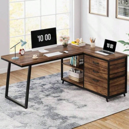63 Computer Desk with 8 Drawers and Reversible File Cabinet, Rustic Industrial Office Desk with Storage, Large Workstation Home Office, Writing, Studying, or Gaming - Rustic Brown