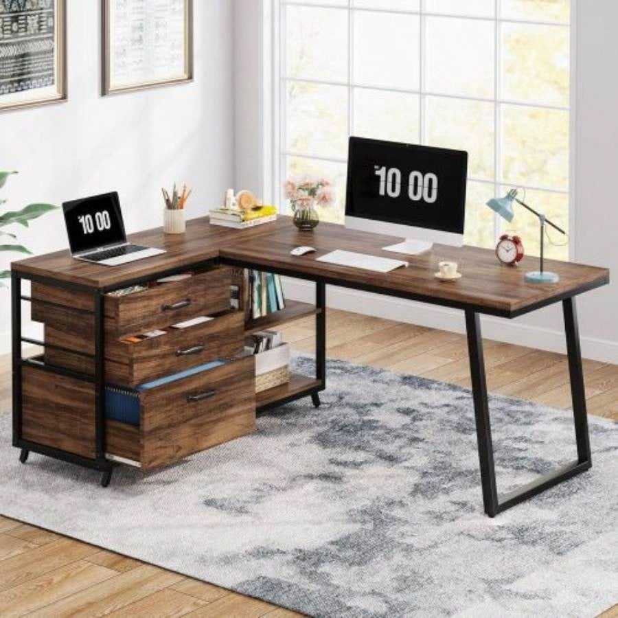 63 Computer Desk with 8 Drawers and Reversible File Cabinet, Rustic Industrial Office Desk with Storage, Large Workstation Home Office, Writing, Studying, or Gaming - Rustic Brown