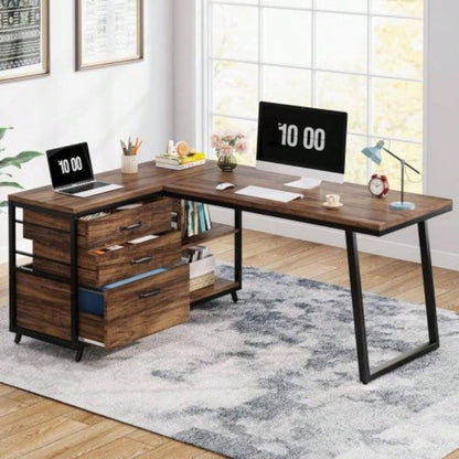 63 Computer Desk with 8 Drawers and Reversible File Cabinet, Rustic Industrial Office Desk with Storage, Large Workstation Home Office, Writing, Studying, or Gaming - Rustic Brown