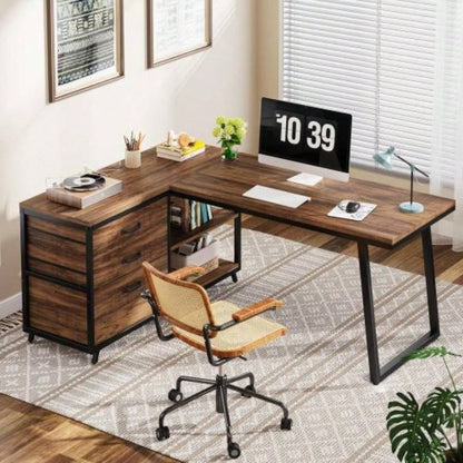 63 Computer Desk with 8 Drawers and Reversible File Cabinet, Rustic Industrial Office Desk with Storage, Large Workstation Home Office, Writing, Studying, or Gaming - Rustic Brown
