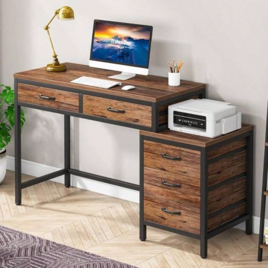 51 Reversible Computer Desk with 5 Drawers and File Cabinet, Rustic Home Office Desk with Printer Stand, Industrial Writing Table with Storage Small Spaces, White