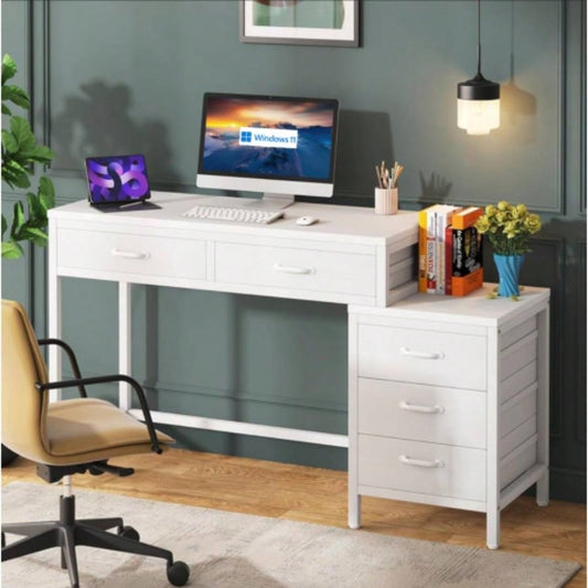 51 Reversible Computer Desk with 5 Drawers and File Cabinet, Rustic Home Office Desk with Printer Stand, Industrial Writing Table with Storage Small Spaces, White