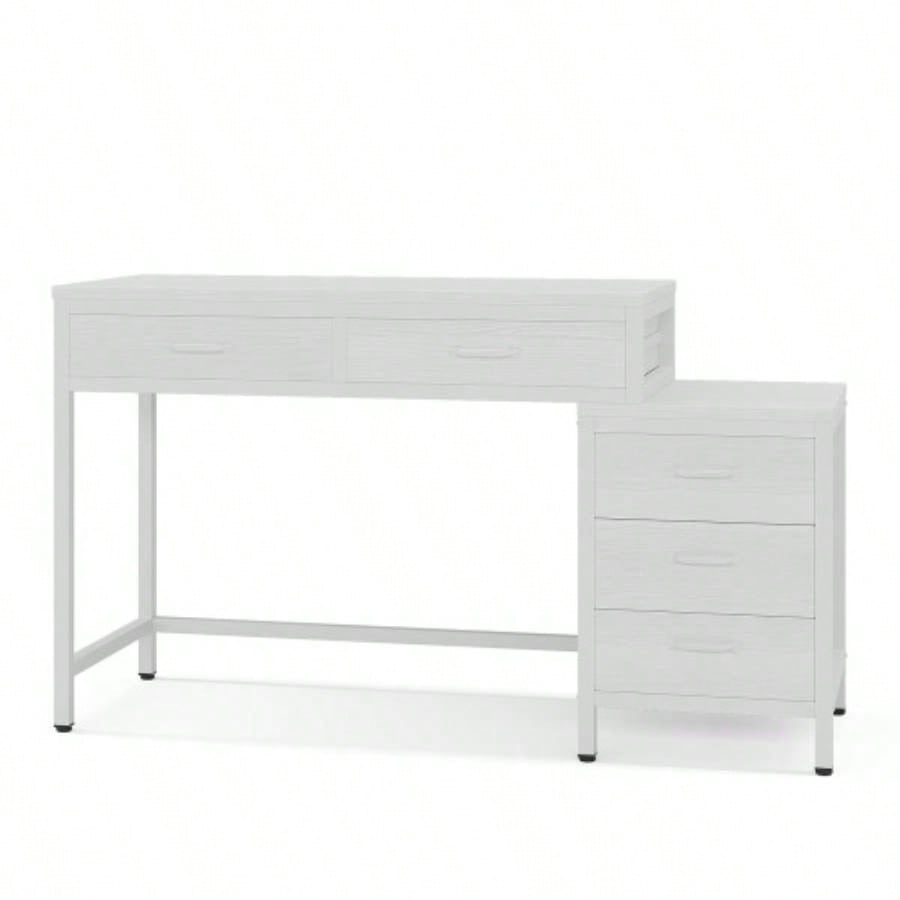 51 Reversible Computer Desk with 5 Drawers and File Cabinet, Rustic Home Office Desk with Printer Stand, Industrial Writing Table with Storage Small Spaces, White