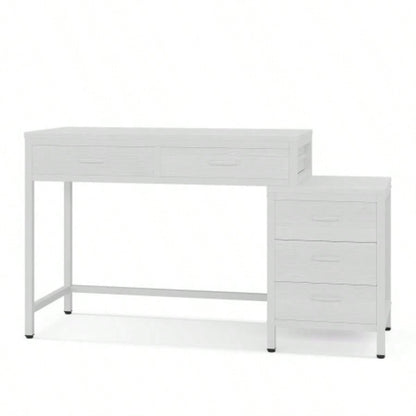 51 Reversible Computer Desk with 5 Drawers and File Cabinet, Rustic Home Office Desk with Printer Stand, Industrial Writing Table with Storage Small Spaces, White