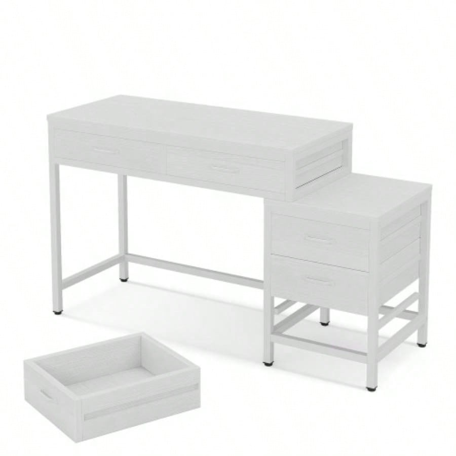 51 Reversible Computer Desk with 5 Drawers and File Cabinet, Rustic Home Office Desk with Printer Stand, Industrial Writing Table with Storage Small Spaces, White