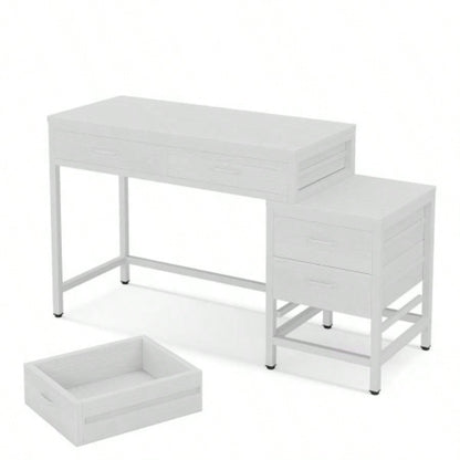51 Reversible Computer Desk with 5 Drawers and File Cabinet, Rustic Home Office Desk with Printer Stand, Industrial Writing Table with Storage Small Spaces, White