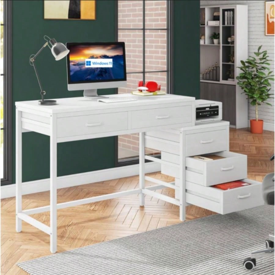 51 Reversible Computer Desk with 5 Drawers and File Cabinet, Rustic Home Office Desk with Printer Stand, Industrial Writing Table with Storage Small Spaces, White