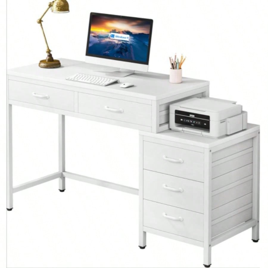 51 Reversible Computer Desk with 5 Drawers and File Cabinet, Rustic Home Office Desk with Printer Stand, Industrial Writing Table with Storage Small Spaces, White