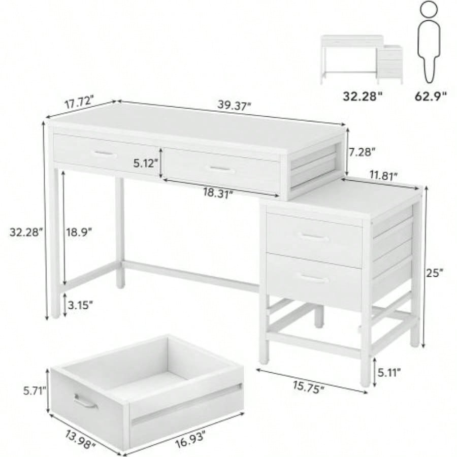 51 Reversible Computer Desk with 5 Drawers and File Cabinet, Rustic Home Office Desk with Printer Stand, Industrial Writing Table with Storage Small Spaces, White